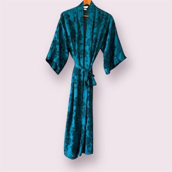 VICTORIA'S SECRET Vintage Gold Label Emerald Green Floral Robe - Picture 1 of 7